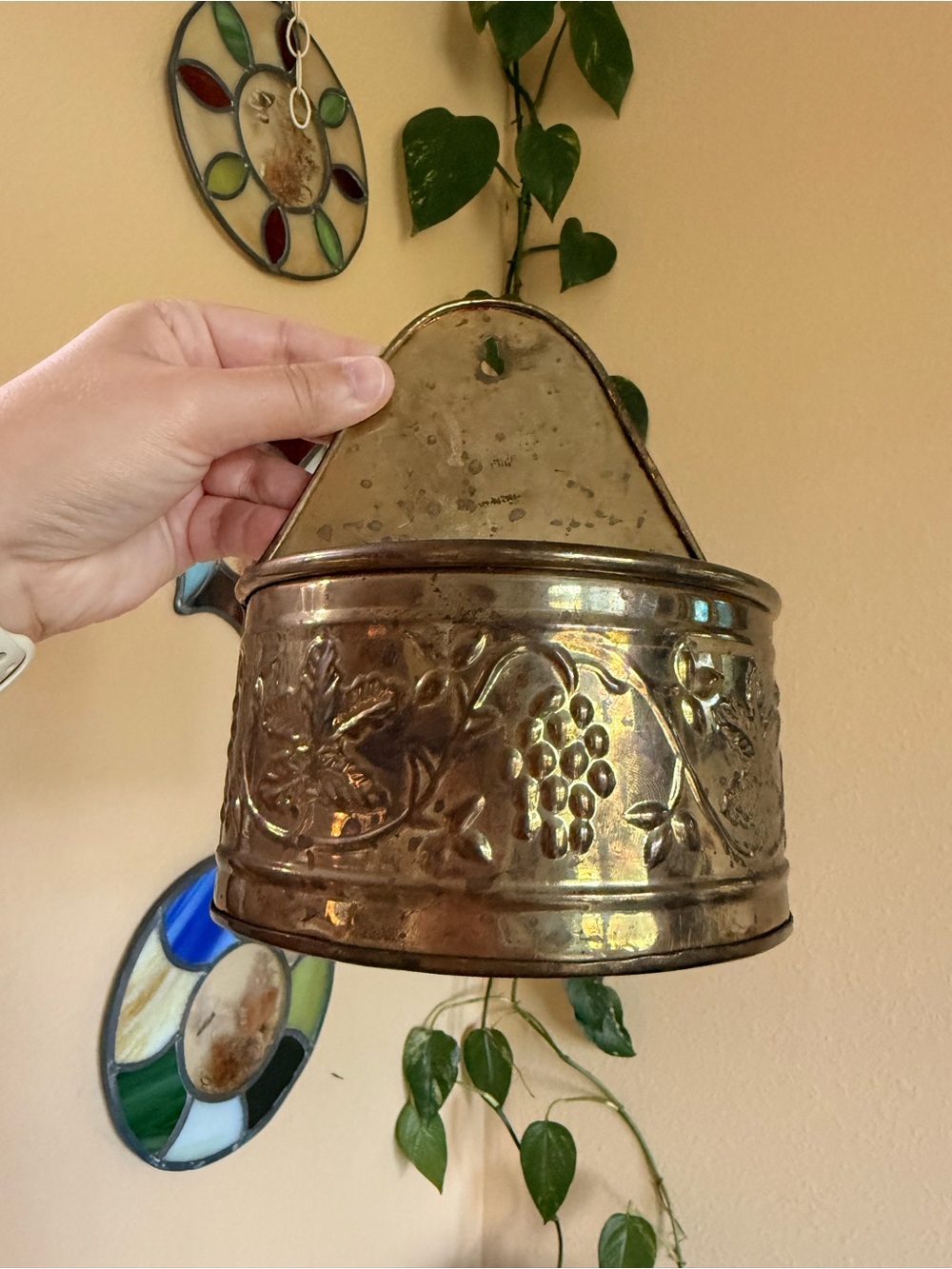 Vintage Hosley Embossed Grape Pattern Brass Wall Pocket Planter